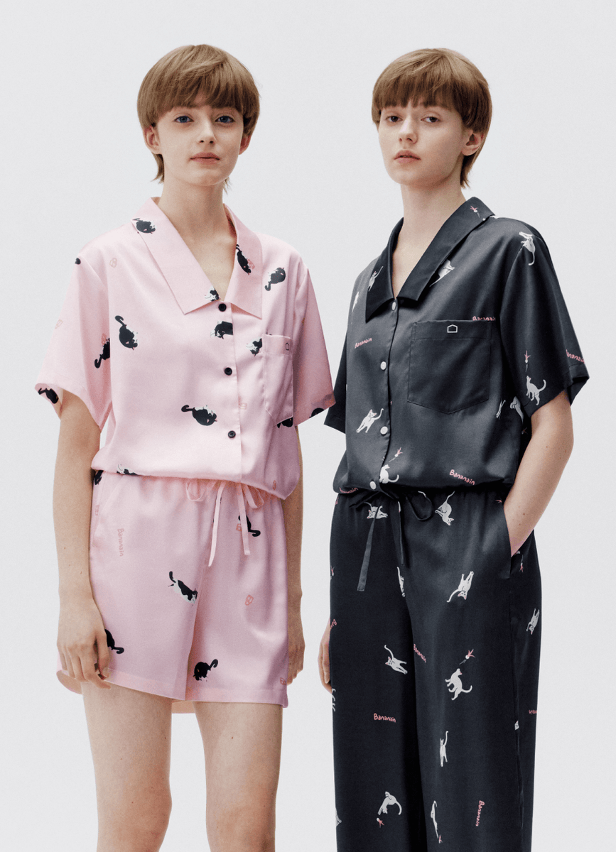 Women's Pink Cat Print Short Sleeve Pajama Set