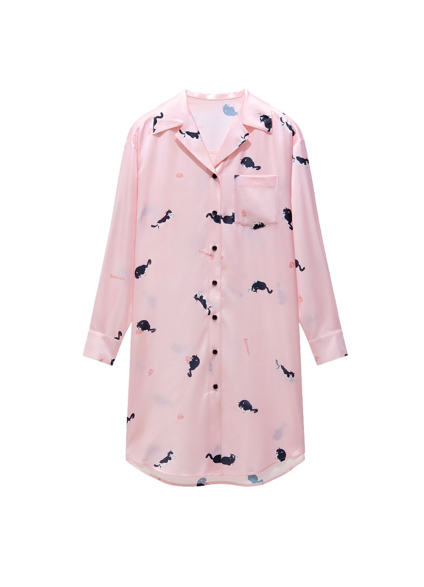 Women's Pink Cat Print Satin Long Sleeve Sleep Shirt