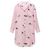 Women's Pink Cat Print Satin Long Sleeve Sleep Shirt