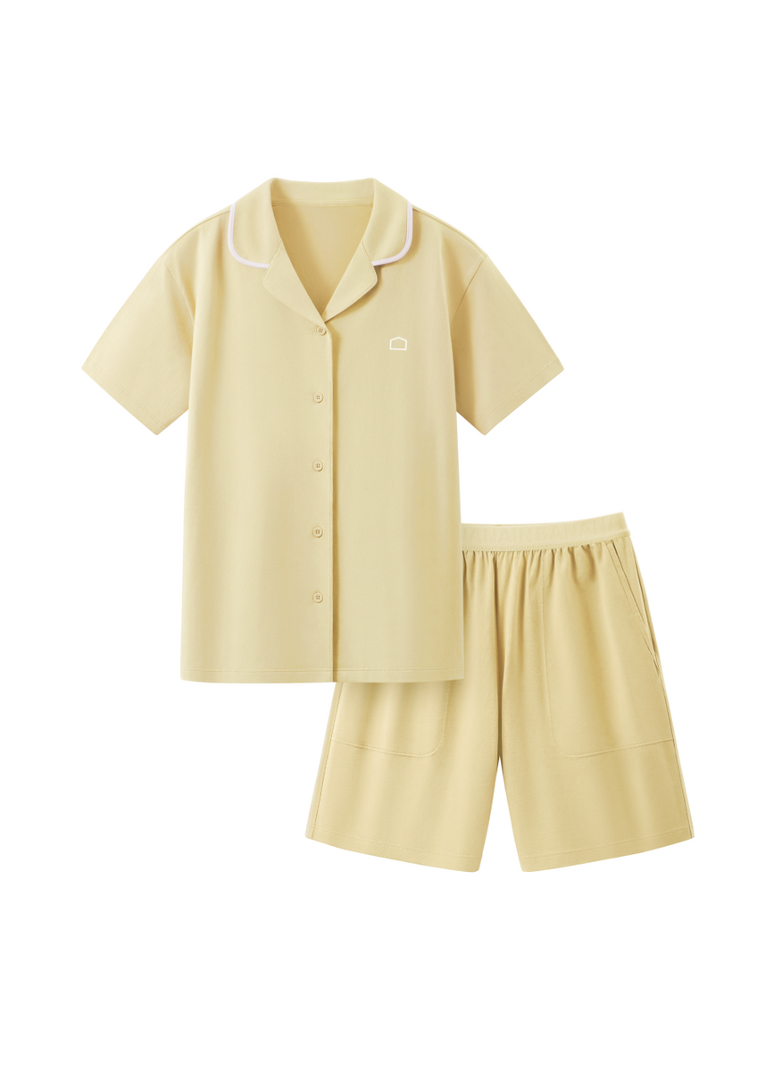 Yellow Contrast Trim Short Sleeve Pajama Set