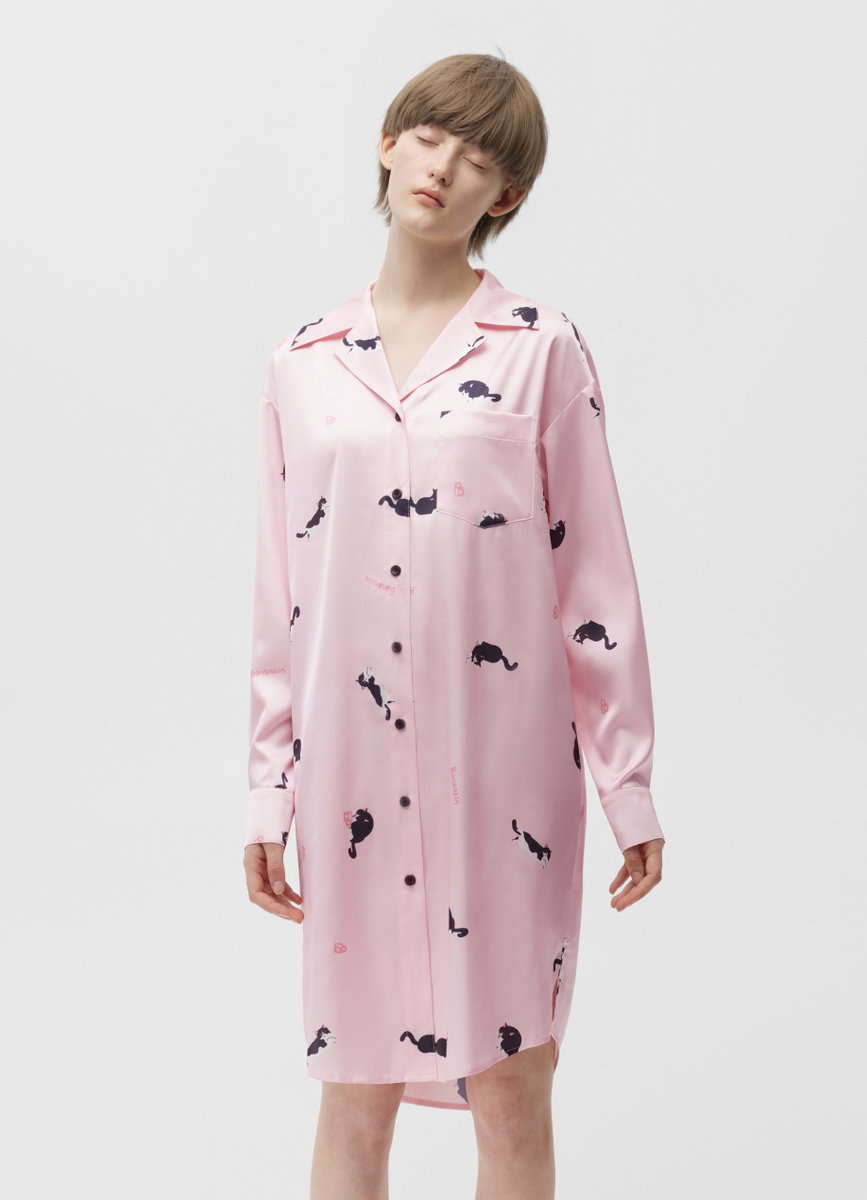 Women's Pink Cat Print Satin Long Sleeve Sleep Shirt