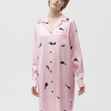 Women's Pink Cat Print Satin Long Sleeve Sleep Shirt