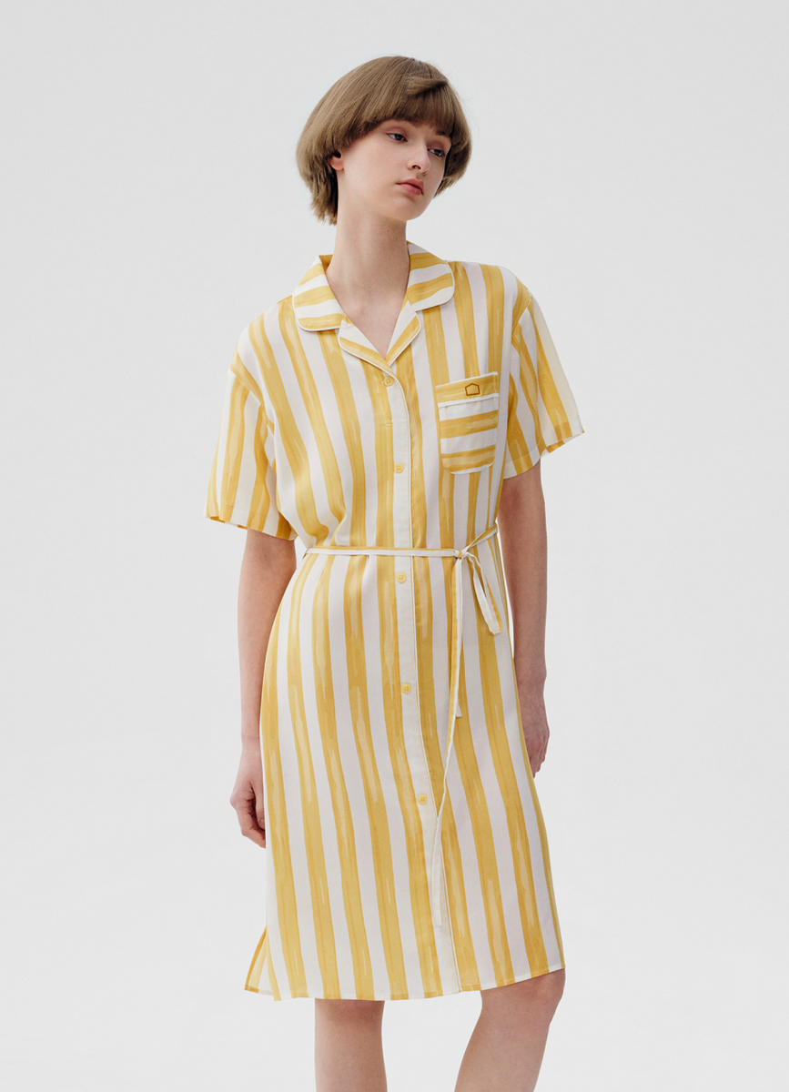 Yellow White Striped Belted Short Sleeve Nightgown