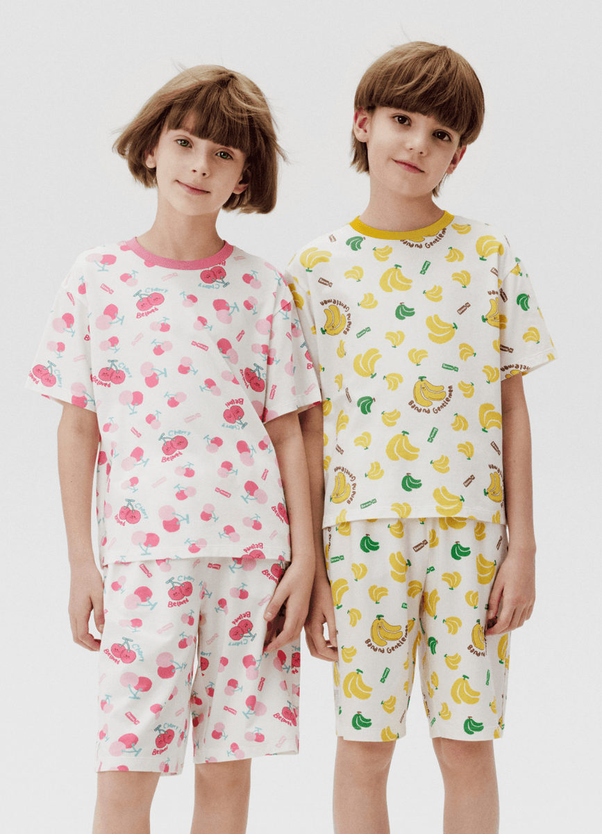 Kids' White Cherry Print Pink Trim Short Sleeve Pajama Set