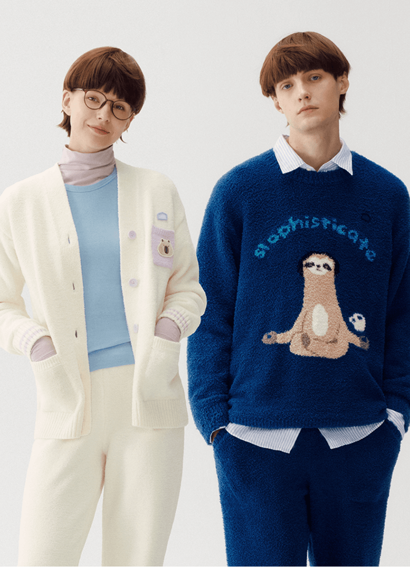 Sloth Print Fuzzy Knit Long Sleeve Pajama Set