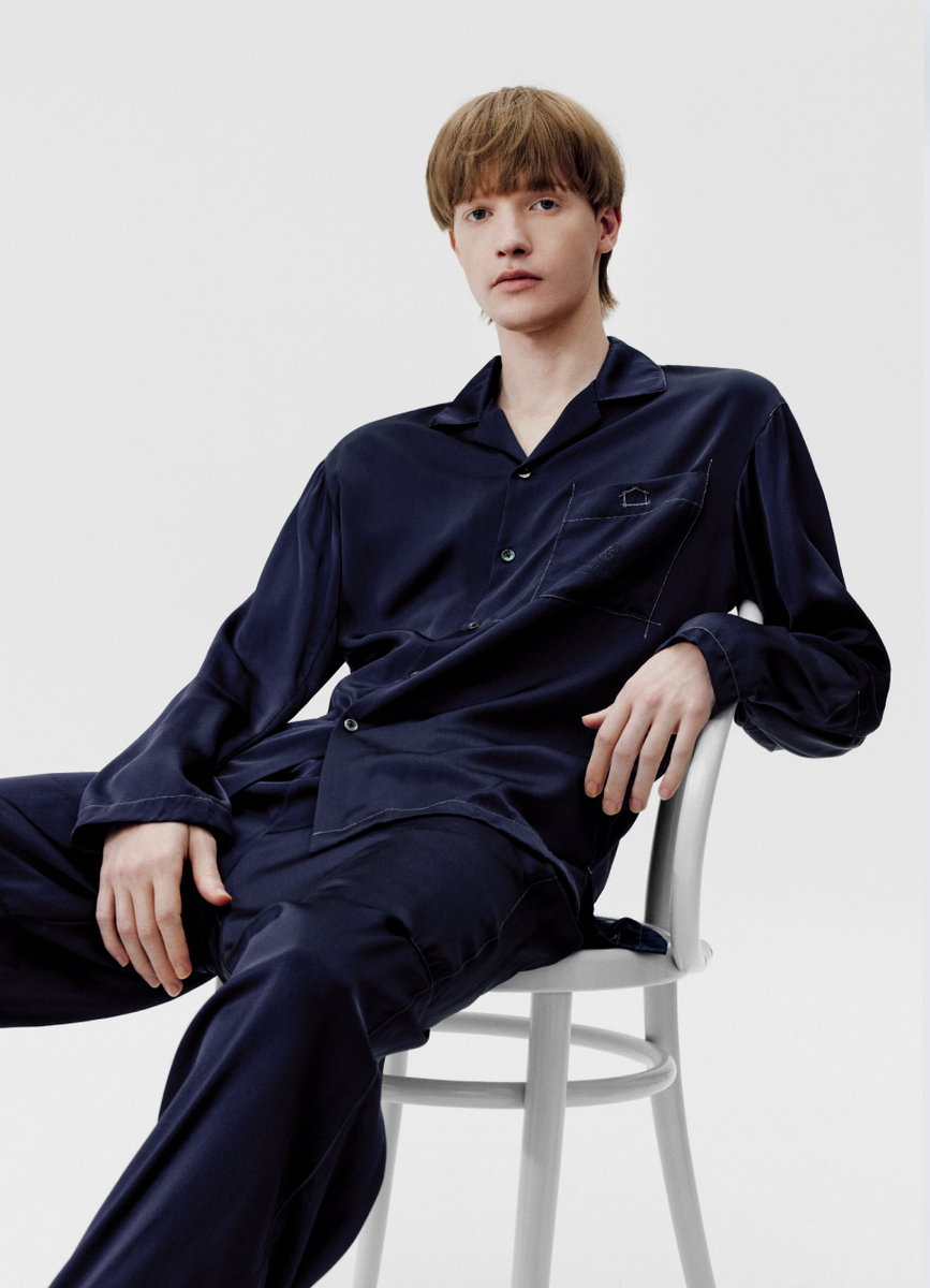 Men's Navy Blue Satin Long Sleeve Pajama Set