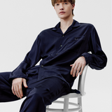 Men's Navy Blue Satin Long Sleeve Pajama Set