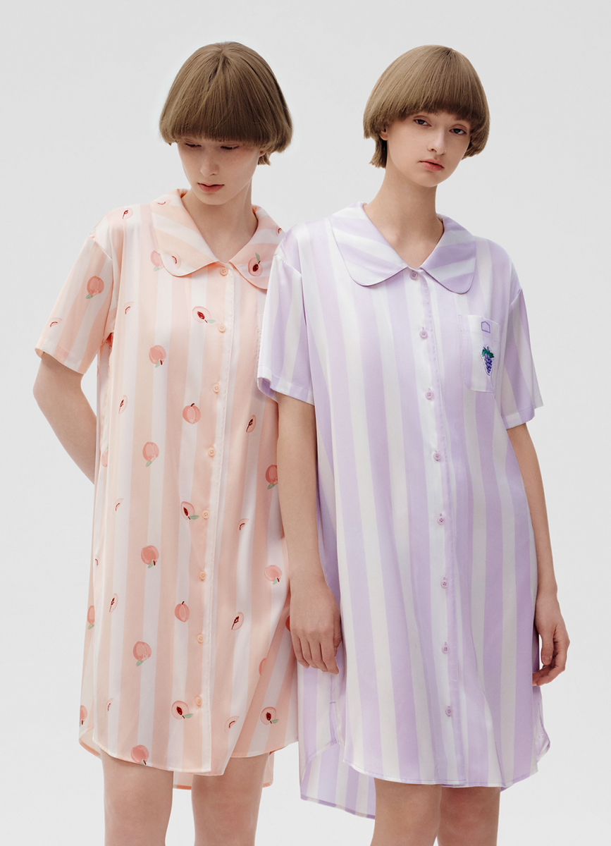 Women's Lavender White Striped Grape Embroidered Short Sleeve Nightgown