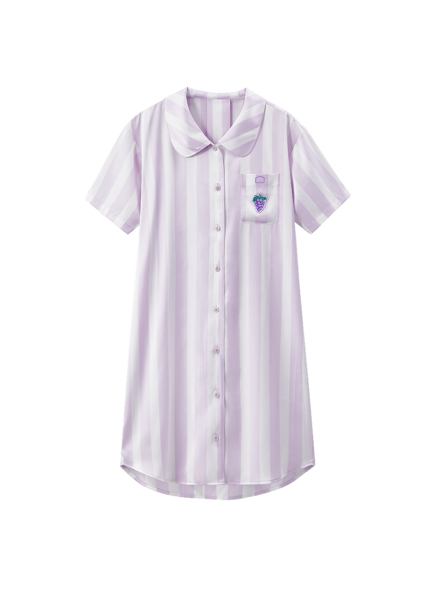 Women's Lavender White Striped Grape Embroidered Short Sleeve Nightgown