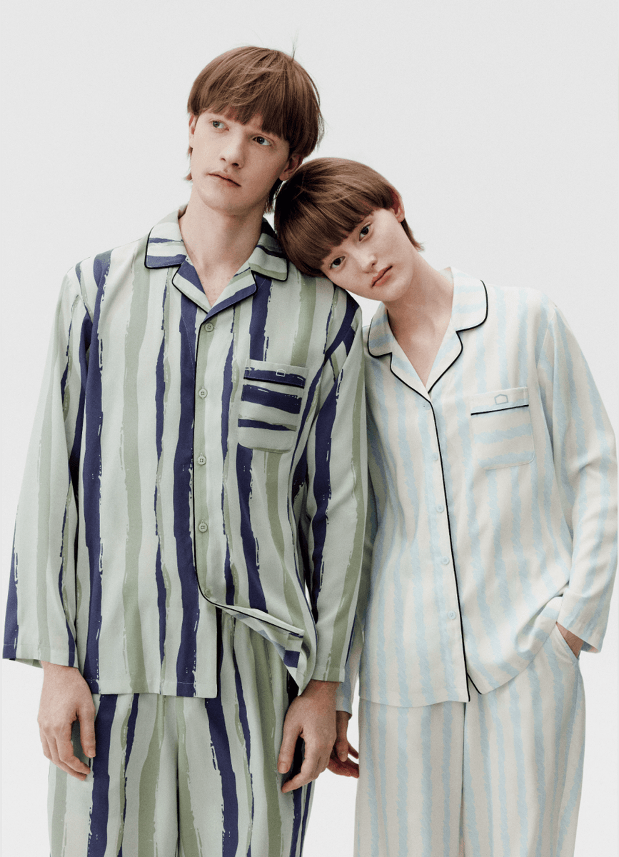 Light Blue Yellow Striped Long Sleeve Pajama Set