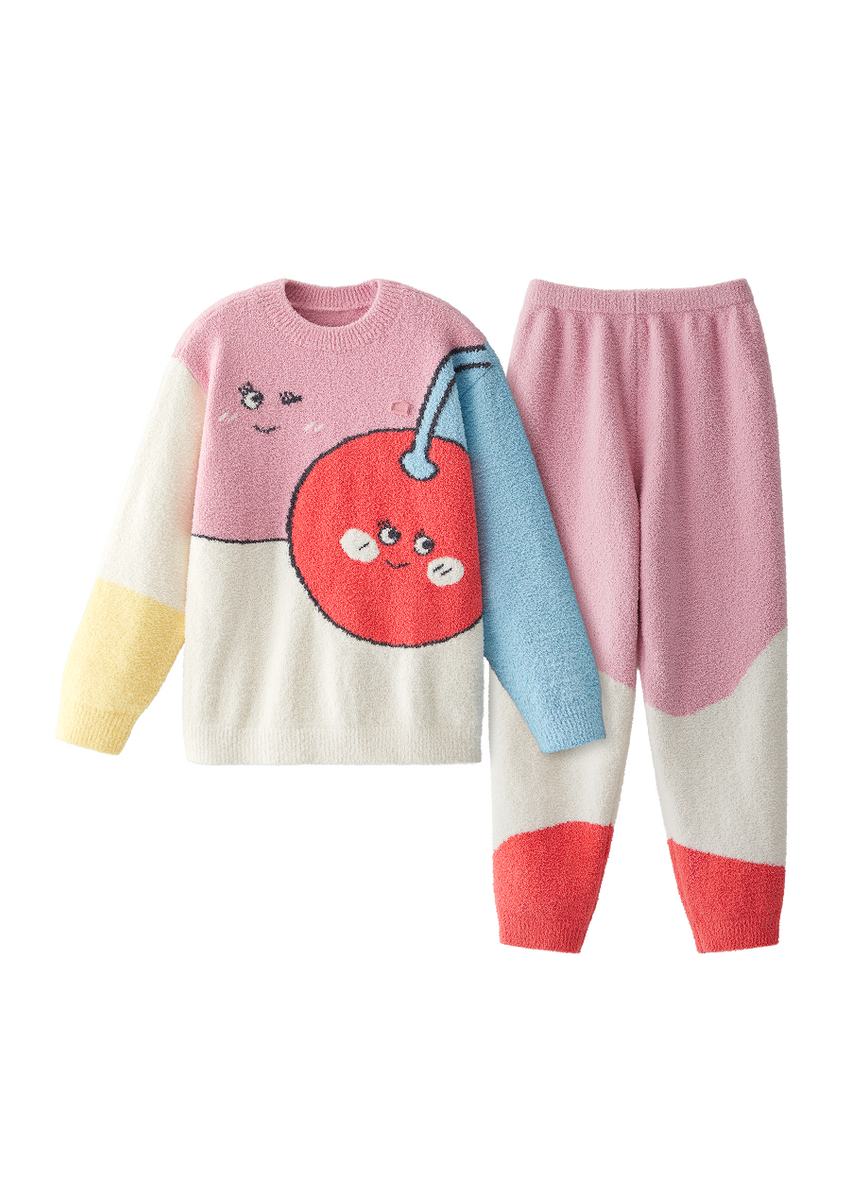 Cartoon Cherry Fuzzy Long Sleeve Pajama Set