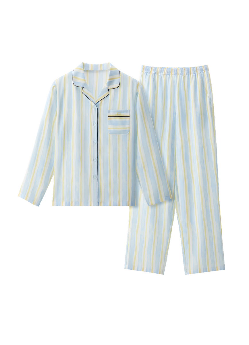 Light Blue Yellow Striped Long Sleeve Pajama Set