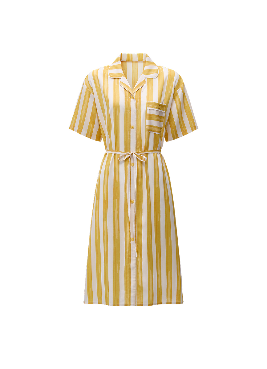 Yellow White Striped Belted Short Sleeve Nightgown