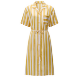 Yellow White Striped Belted Short Sleeve Nightgown